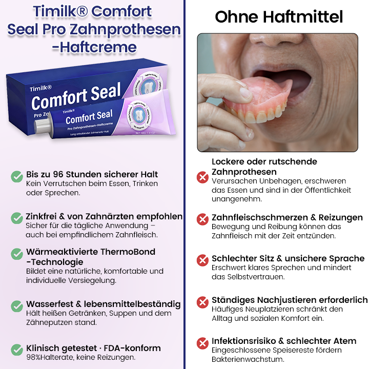 🔥 BEGRENZTES SONDERANGEBOT 🔥 Timilk® Comfort Seal Pro Zahnprothesen-Haftcreme 🦷💜 FDA-zertifiziert (Klinisch getestet: 96 Stunden Halt für sicheren, komfortablen und zinkfreien Sitz der Zahnprothese)