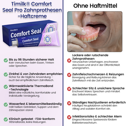 🔥 BEGRENZTES SONDERANGEBOT 🔥 Timilk® Comfort Seal Pro Zahnprothesen-Haftcreme 🦷💜 FDA-zertifiziert (Klinisch getestet: 96 Stunden Halt für sicheren, komfortablen und zinkfreien Sitz der Zahnprothese)